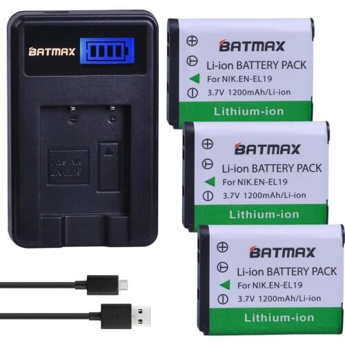 3Pcs 1200mAh EN-EL19 EN EL19 ENEL19 Battery + LCD USB Charger for Nikon S100 S2500 S2600 S3100 S6400 S4100 S4150 S3300 S4300