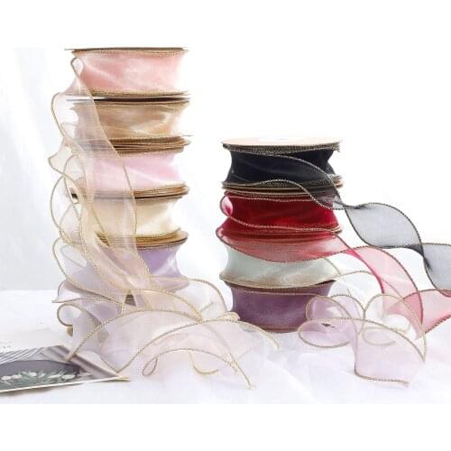 4CM 10Yards Wave Silk Organza ribbon with golden sides Bow material for hair ornament gift wrapping decoration lace ribbons