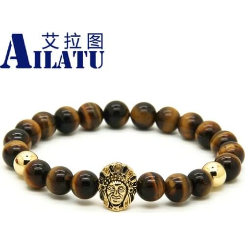 Ailatu 8mm High Grade Tiger Eye Stone Beads with Aboriginal Indigenous People Cz Bracelet Pulseira Hombres