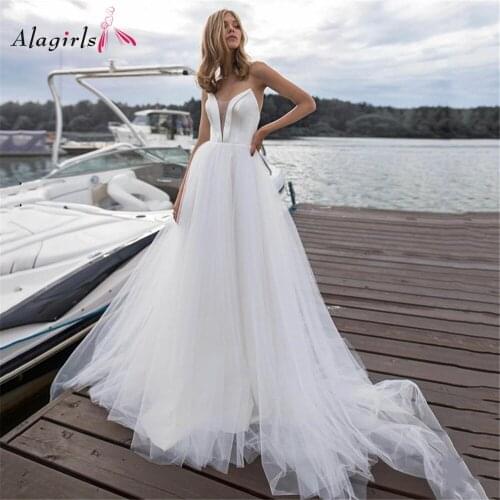 Alagirls Ivory Wedding Dress V Neck Wedding Gown Sleeveless Bridal Gown Zipper Elegant Bridal Dress Sweep Train Size Custom Made