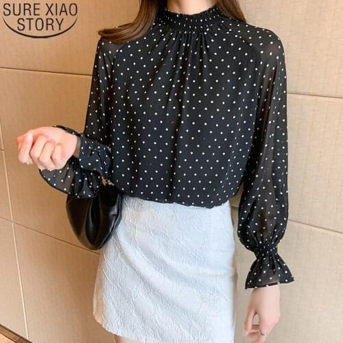 Spring Autumn Casual Long Sleeve Fashion Polka Dot Blouse Women Stand Collar Chiffon Shirts O-Neck Print Silk Blusas Tops 16110