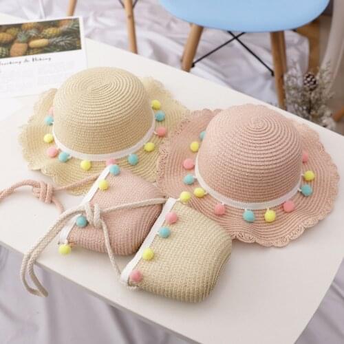Childrens sunscreen sun hat Beach vacation girls summer beach hat hand Weave straw hat sun hat children sand hat+Bag 2-piece
