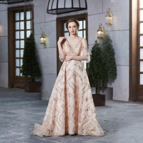 Finove 2020 Elegant Prom Dresses Champagne O Neck With Appliques Feathers Sexy Backless A Line Party Dresses For Women Plus Size