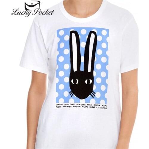 New Women Summer White Slim O-Neck Cotton Rabbit Print T-Shirt Ladies Fashion Plus Size Tees Ladies Brand Casual Tops ZM237
