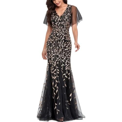 V-neck Short Sleeve Party Dress Women Fashion Sequined Short Sleeve Vintage Casual Dresses For Women Floor-length Lady Sukienka