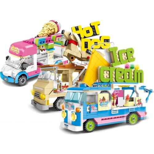 City Vehicle Street Sweeper Dumper Pizza Van Ice Cream Truck Model Building Blocks Friends Street View Ambulance Car Figure Toys