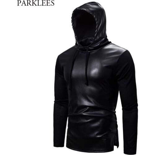 Black Pu Leather Patchwork Hoodie Men 2020 Fashion Split Hem Hoodies Sweatshirts Mens Hip Hop Casual Streetwear Sudadera Hombre