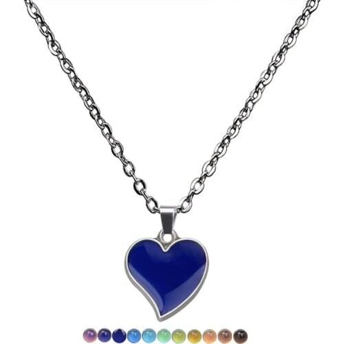 JUCHAO Women Crooked Tip Peach Heart Love Pendant Temperature Control Color Change Mood Necklace Stainless Steel Chain Jewelry