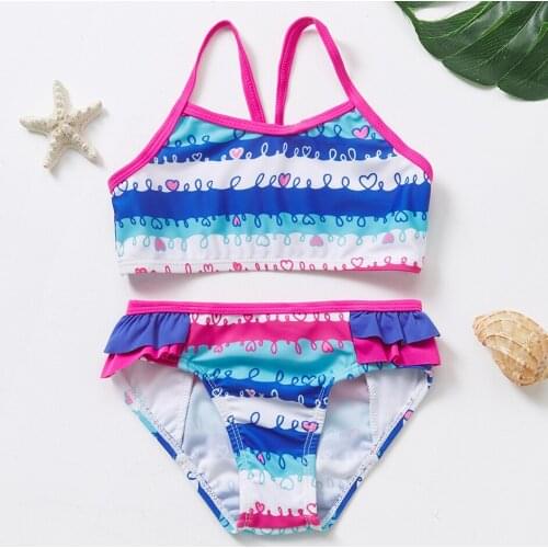 2-6years Girls Swimsuits Blue Heart Two Piece Swimwear Striped Tankini New Arrival 2021 Children Swimsuit