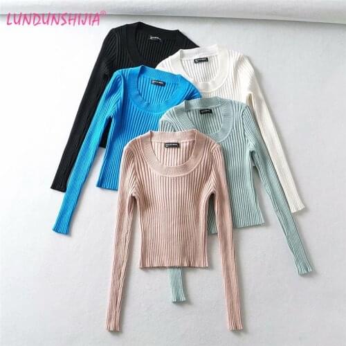 LUNDUNSHIJIA 2021 New Arrival Spring Long Sleeve Short Slim O-neck Pullover Tops Women Sexy Knitting Cotton Elastic Tops