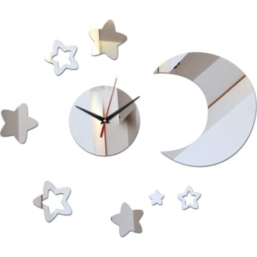 New fashion diy wall clock Clocks quartz Home Decoration Acrylic 3d Mirror stickers living room moon and star
