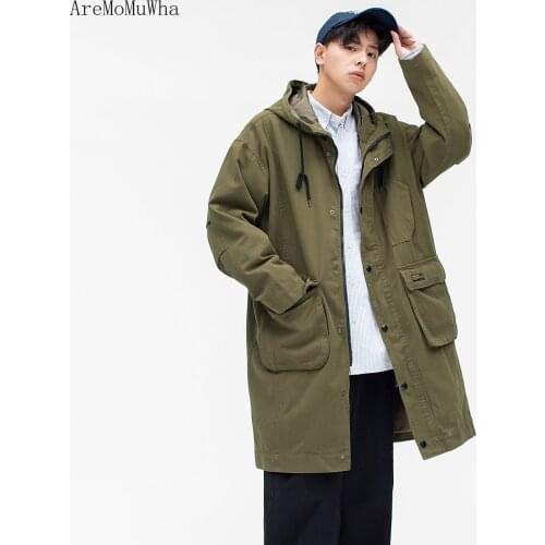 2021 New Japanese Retro Hooded Mid-length Windbreaker Mens Youth Multi-pocket Long Coat Long Trench Coat Long Mens Clothing