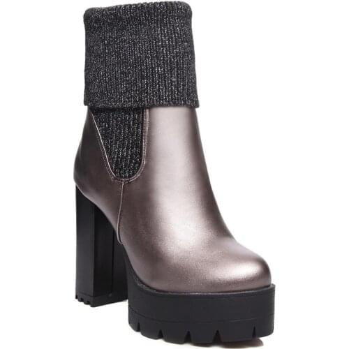 New Style Wool Stitching Studded Chunky High Heels Boots New Autumn And Winter Women Platform Boots