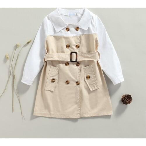 2-7Y Kids Girl’s Casual Long Sleeve Dress Patchwork Double Breasted A-line Dress with Waist Belt Spring Autumn Lapel Loose Dress