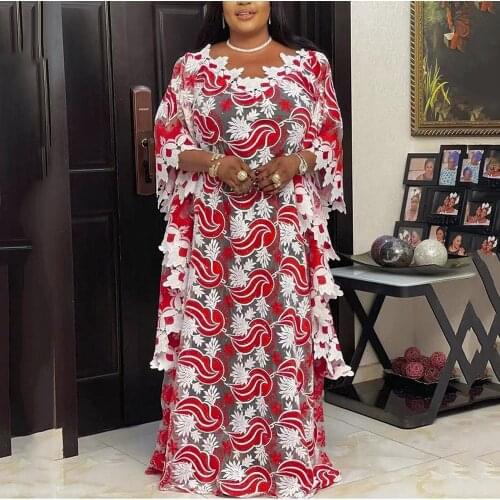 African Maxi Dress for Women 2021 New Style Red Floral Floor Length Batwing Sleeve Loose Straight Elegant Evening Night Dresses