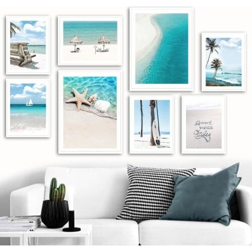 Beach Palm Coconut Tree Starfish Surfboard Sea Wall Art Print Canvas Painting Nordic Poster Wall Pictures For Living Room Decor