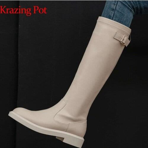 Krazing Pot equestrian boots genuine leather buckle handmade round toe thick low heel back zip leisure soft knee-high boots L50