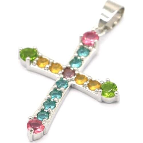 43x27mm Multi Color Long Cross Created Pink Tourmaline Peridot Citrine Aquamarine Smokey Topaz For Men Gift Silver Pendant