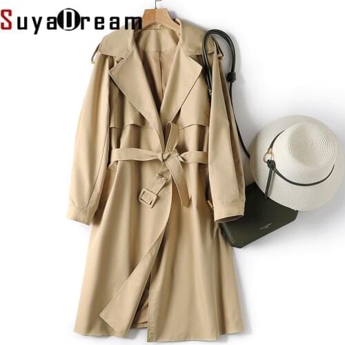 SuyaDream Women Sashes Trenchs Cotton Khaki Black Trench coat 2021 Office Chic Autumn Winter Coat