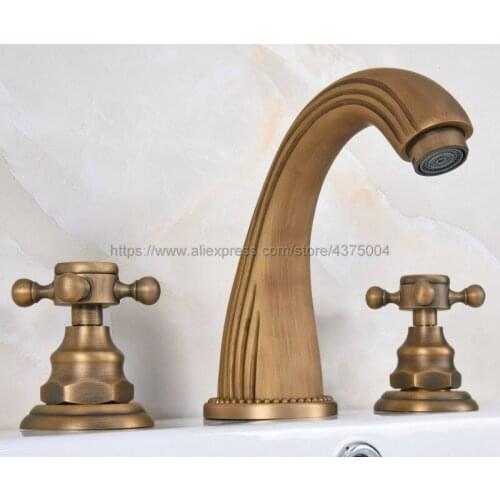 Bathroom Antique Brass Mixer Faucet Two Handles 3 Hole Basin Sink Hot Cold Water Taps Nan068