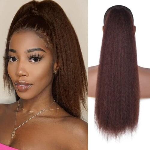 Kinky Straight Drawstring Ponytail Long Yaki Ponytail Extension for Women Clip in Ponytail Extension for Women Dark Brown