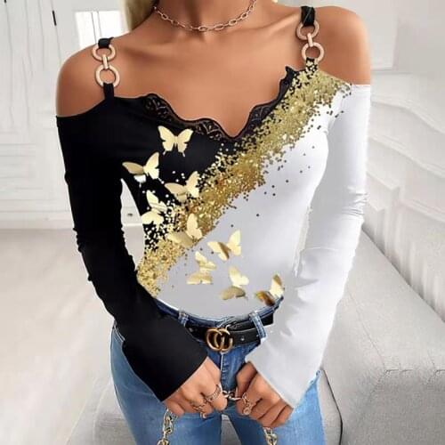 Women T-shirts Bronzing Butterfly Print V Neck Tops Long Sleeve Off Shoulder Casual Pullover Autumn Womens Fashion Clothing