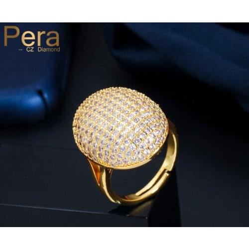 Pera Luxury Full Shiny Cubic Zirconia Paved Yellow Gold Round Resizable Finger Rings for Women Engagement Party Jewelry R152