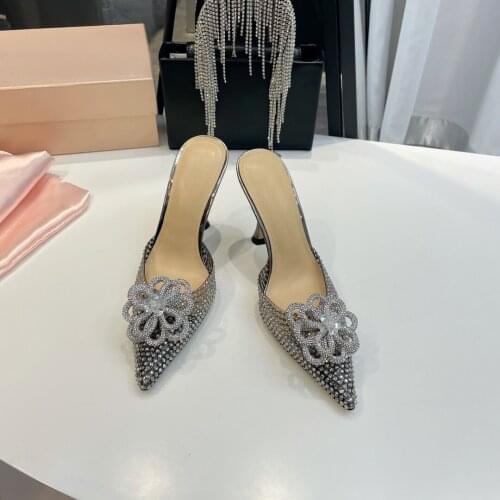 21 Newest Summer Shoes Woman Sexy Pvc Shallow Woman Slippers Pointed-Toes Thin Heels Woman Slippers Flower Decora Woman Slippers