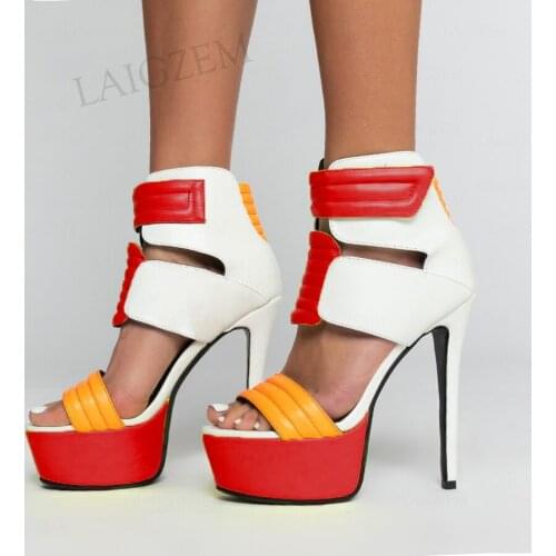 LAIGZEM Platform Sandals Stiletto High Heels Pumps Patchwork Shoes Woman Open Toe Ladies Frauen Sandalen Large Size 35 47 50 52