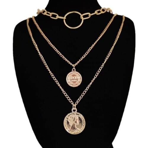 Women Necklace Fashion 3-layers Human Head Coin Pendant Chain Necklace Party Jewelry Gift Girl All-match Fine Accessory