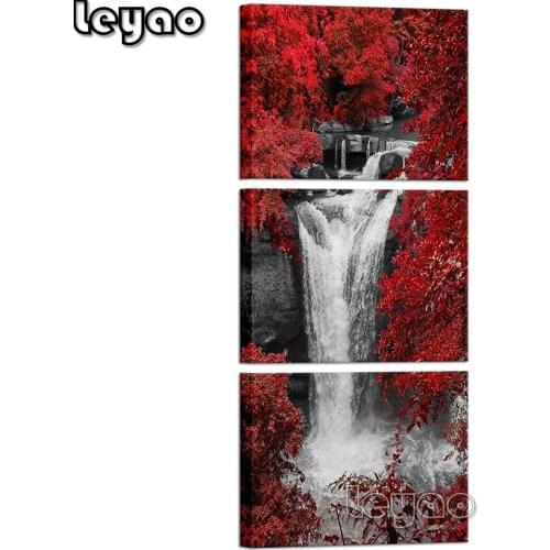 3 Pieces Wall Art Red Trees Forest Black and White Waterfall Landscape Triptych Diamond Painting Cross Stitch Art Diamond Mosaic