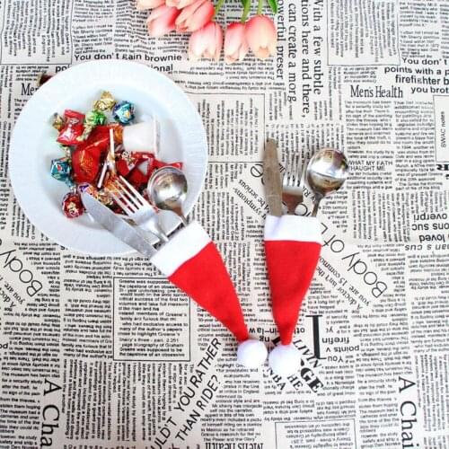 6pcs Christmas Decorations Christmas Cap Non-woven Hat Christmas Hat Knife And Fork Set Christmas Wine Bottle Decoration Santa