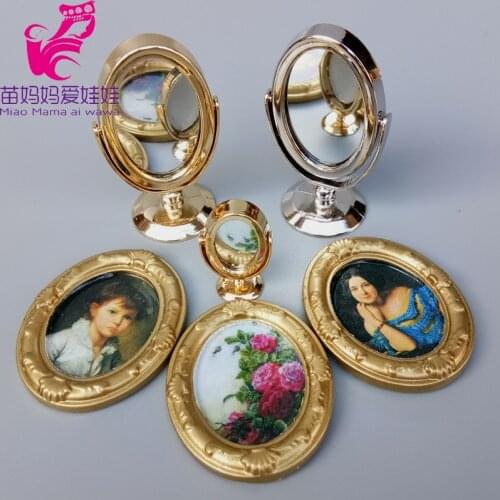Mini 1/6 bjd doll house accessories Mininature Simulation Desktop vanity mirror Oval oil painting mini tea set for barbie doll