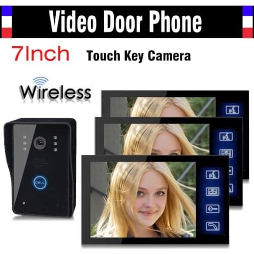 1V3 Wireless Video Door Phone Doorbell Intercom System 7 Inch Touch Key IR Night Vision Camera Rain Proof 1 Camera 3 Monitors