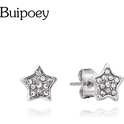 Buipoey Silver Color Shiny Star Earrings For Women Girl Original Friends Couple Birthday Gift Crystal Stud Earrings Jewelry