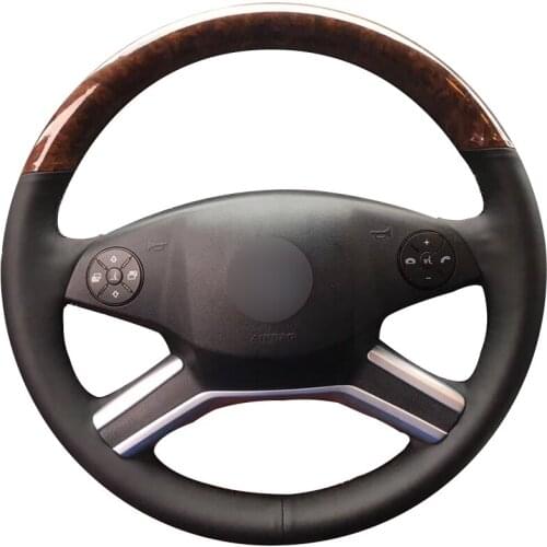 Woodgrain Leather Black Leather Steering Wheel Cover for Mercedes-Benz M-Class 2009-2011 R-Class 2010-2017 GL-Class 2010-2012