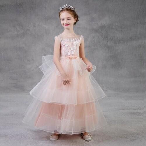 Big Children Flower Girl Dress Pink Lace O-neck Sleeveless Bow-knot Dress Lovely Flower Girl Dresses