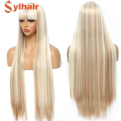 Long Straight Wigs with Bangs 32 Inch Long Straight Wigs with Fringe for Women Daily Party Fancy Dress Cosplay Ladies Wigs