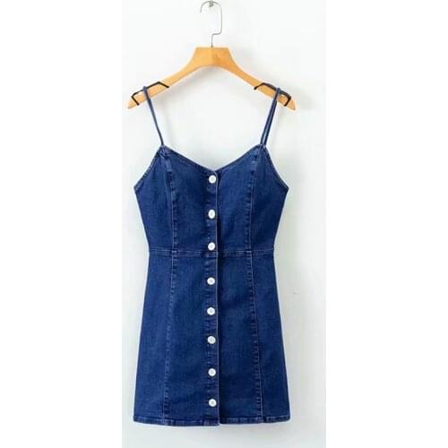 PERHAPS U Blue Denim V Neck Sleeveless Sling Sarafan Solid Sheath Single-breasted Jeans Dress D1017