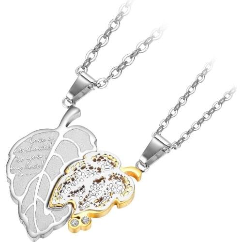 FATE LOVE Pack of 2 Women Men Necklace Leaf Pendants for Couple Lover Stainless Steel Chain Fashion jewelry Valentines Day Gift