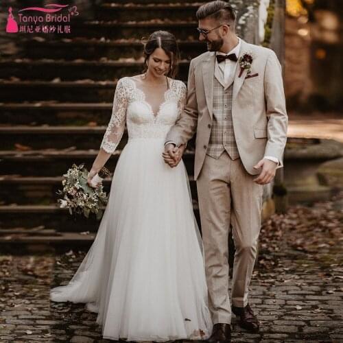 Half Sleeve Lace Wedding Dresses Deep V-Neck Tulle skirts A Line Elegant Bridal Gowns Chic ZW467