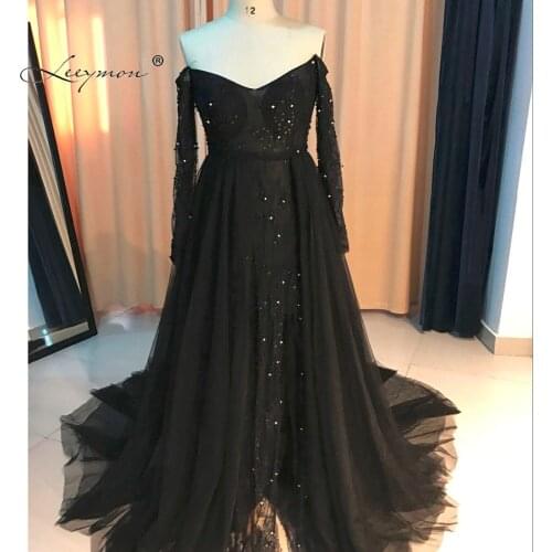 Leeymon Sexy Backless Evening Gown Long Sleeves Lace Off-shoulder Evening Dress Slit Prom Dress E02
