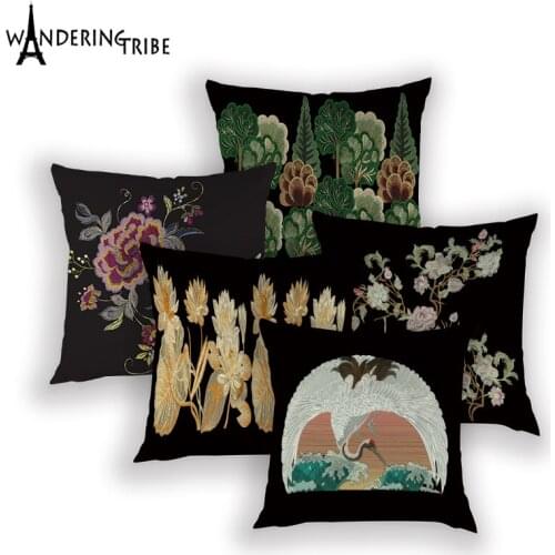 Vintage Flower Cushion Cover Tropical Plants Decorative Cushions Covers Polyester Pillow Case Black Chic Sofa Bed Pillows Cases