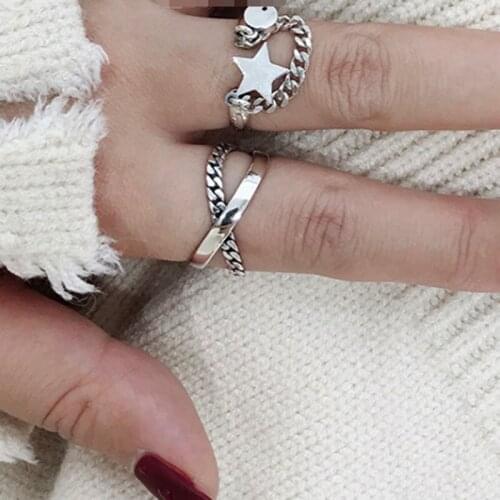 New S925 Tassel Chian Stars Rings for Women Couples Vintage Weaving Cross Geometric Hiphop Rock Jewelry Gift