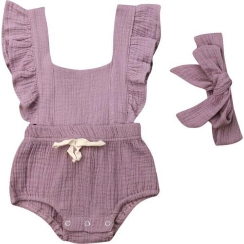 Newborn Baby Girls Solid Color Headband Ruffle Romper Bodysuit 2PCS Outfit Set