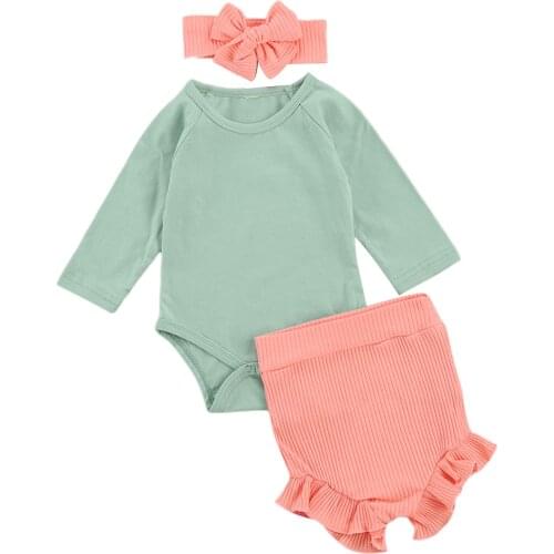 0-18M Autumn Newborn Baby Girl Solid Clothes Set Long Sleeve Romper with Short Elastic Pants + Bowknot Hairband 3Pcs Outfits