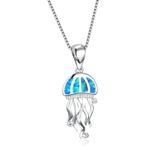 Blue Fire Opal Jellyfish Pendant Necklaces For Women 925 Sterling Silver Animal Jewelry Female Chain Necklace Anniversary Gifts