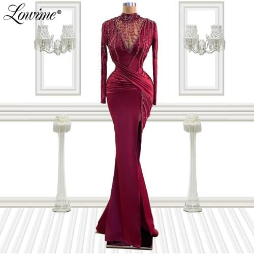 Muslim Wine Red Elegant Long Sleeves Mermaid Evening Dresses Gowns For Woman Middle East Plus Size Party Gowns Prom Dress Robes