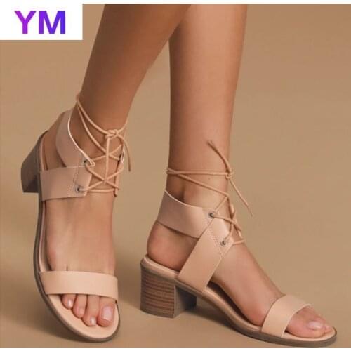 Fashion Summer Womens Ladies Round Toe High Heels Sandals Platform Casual Shoes Sandals Summer Lace Up Square Heels Sandals 42