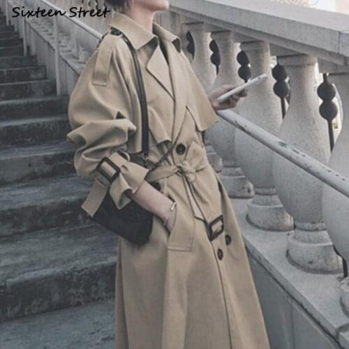 Chic Cargo Long Trench Coat for Women Fall New Khaki Vintage Lace Up Jacket Ladies Streetwear Double Breasted Windbreaker Winter